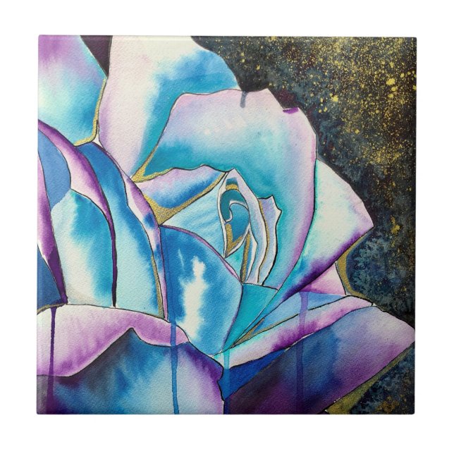 Blaue lila gotische Aquarellkunst Rose Fliese (Vorderseite)