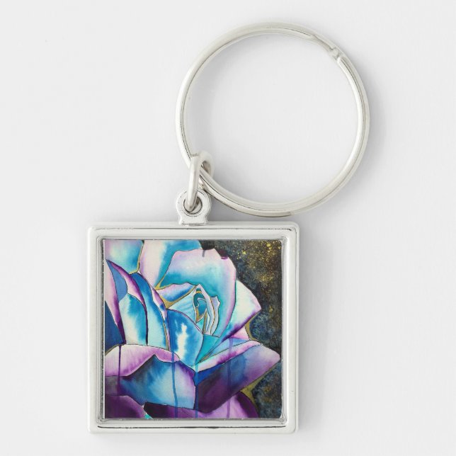 Blaue lila gotische Aquarellkunst Rose Schlüsselanhänger (Vorne)