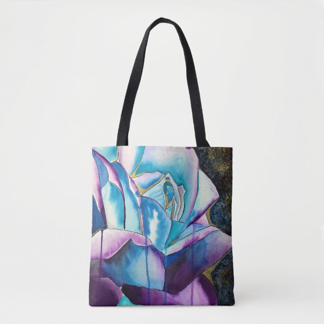 Blaue lila gotische Aquarellkunst Rose Tasche (Vorderseite)