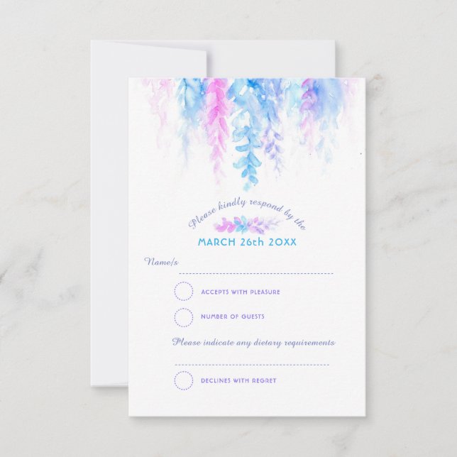 Blaue lila Hochzeitsantwort mit Aquarellkaskade RSVP Karte (Vorderseite)