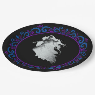 Blaue Lila Lady in weißem Ghost Halloween Pappteller