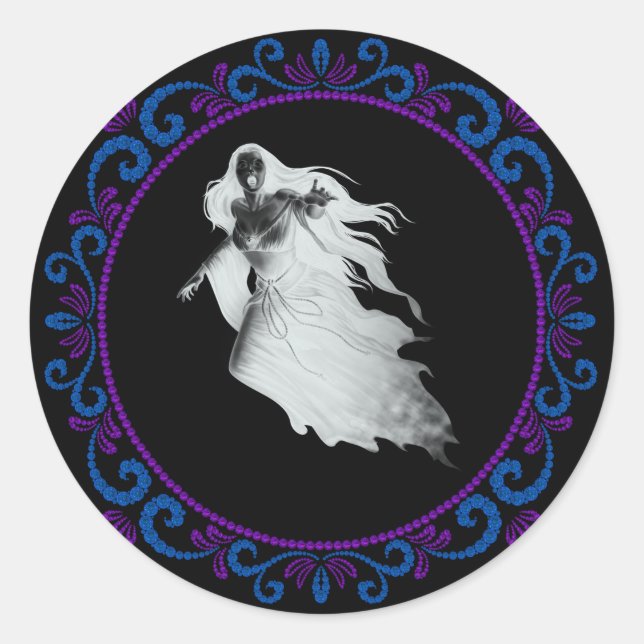Blaue Lila Lady in weißem Ghost Halloween Runder Aufkleber (Vorderseite)