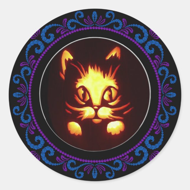 Blaue Lila Orangenblase Halloween-Katze Runder Aufkleber (Vorderseite)