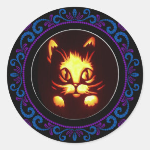 Blaue Lila Orangenblase Halloween-Katze Runder Aufkleber
