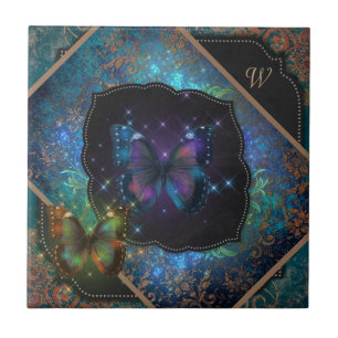 Blaue Lila Romantische Schmetterlinge und Damast Fliese
