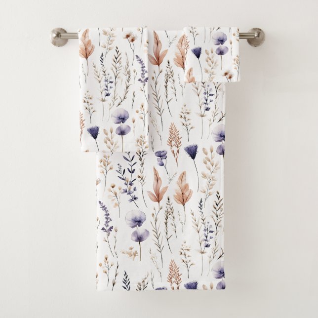 Blaue Lila Rose Beige Wildblumen Botanischer Boho Badhandtuch Set (Insitu)