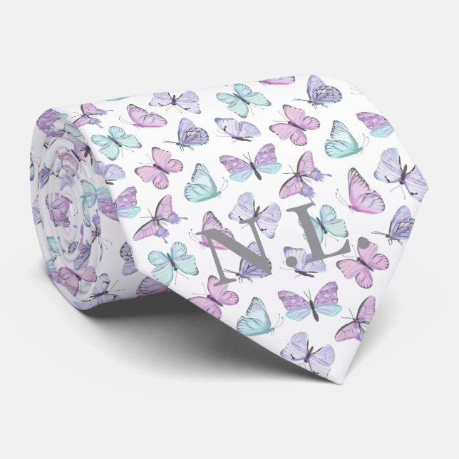 Blaue Lila Schmetterlingsmuster Hochzeit Krawatte (Gerollt)