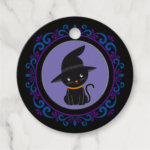 Blaue Lila schwarze Katze mit einem Hexenhuttholz Geschenkanhänger