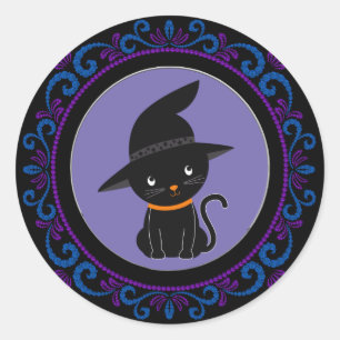 Blaue Lila schwarze Katze mit einem Hexenhuttholz Runder Aufkleber