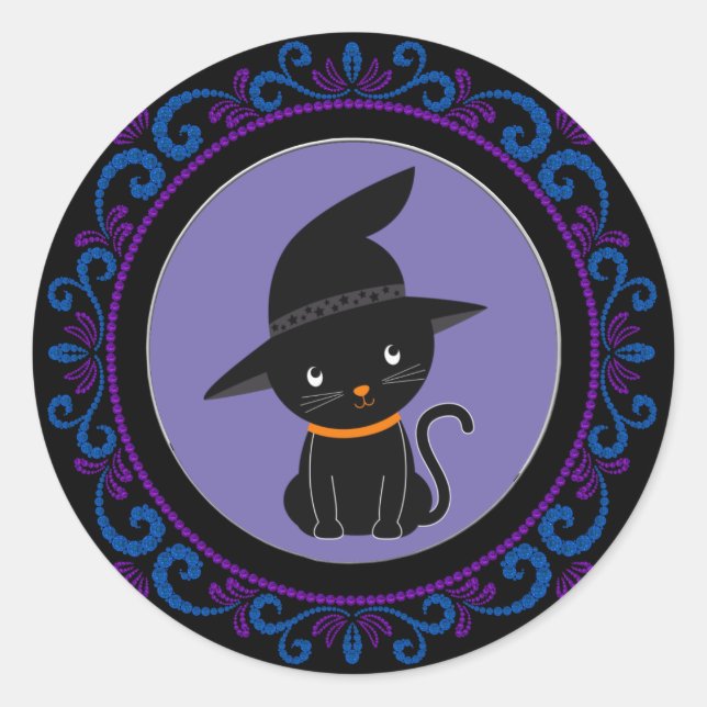 Blaue Lila schwarze Katze mit einem Hexenhuttholz Runder Aufkleber (Vorderseite)