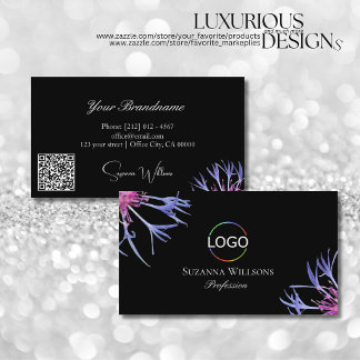 Blaue Lila Sternblume auf Schwarz mit Logo QR-Code Visitenkarte