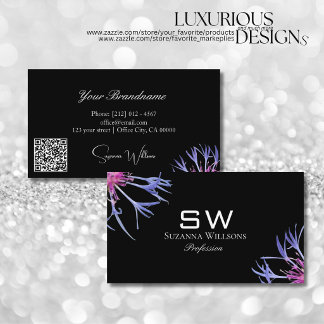 Blaue Lila Sternblume Schwarz Monogramm und QR-Cod Visitenkarte