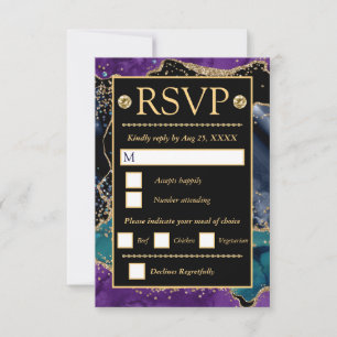 Blaue Lila Türkis Gold Glitter Achat Hochzeit RSVP Karte