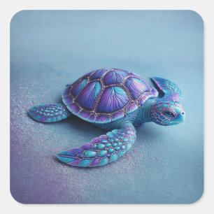 Blaue Lila Türkis Schildkröte Farbige Meeresschild Quadratischer Aufkleber