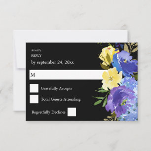 Blaue Lila und Gelbe Blumen-RSVP-Karte - Schwarz RSVP Karte