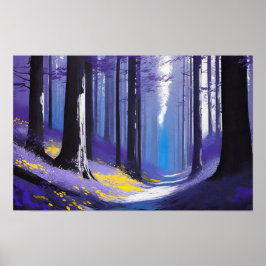 Blaue Lila und gelbe Ruhe im ruhigen Dunkelwald Poster