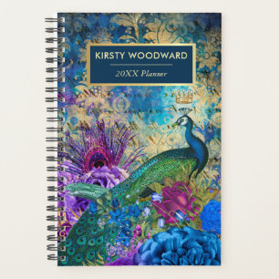 Blaue, lila und goldene Blumenmuster-Pfau im Vinta Planer