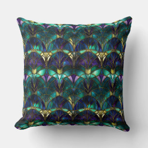 Blaue, lila und goldene Pfau-Buntglas-Dekoration Kissen
