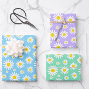 Blaue, lila und grüne gemischte Frühlingsgänseblüm Geschenkpapier Set