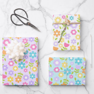 Blaue, lila und rosa mehrfarbige Frühlingsblumen Geschenkpapier Set