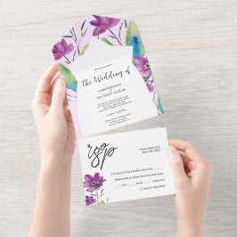 Blaue Lila Wildblumen Wasserfarbe All In One Einladung