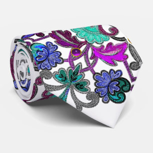 BLAUE LILAFARBENE VIOLETTE BLUMEN ,EDELSTEINE Weiß Krawatte