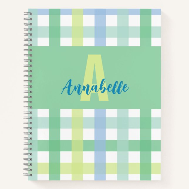 Blaue Limone Pastell Monogram Gingham Pattern Notizbuch (Vorderseite)