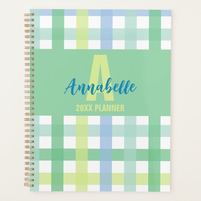 Blaue Limone Pastell Monogram Gingham Pattern Planer (Vorderseite)