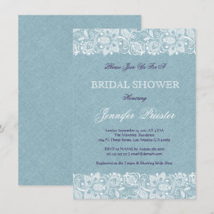 Blaue Linen Burlap & White Floral Lace 2 Einladung