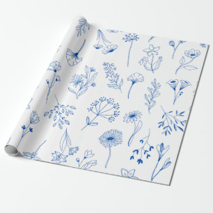 Blaue Linien Kunst Gemischte Garten Skizze Blumen Geschenkpapier