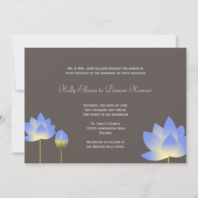 Blaue Lotus-Blume Hochzeit in Schiefergrau Einladung (Vorderseite)