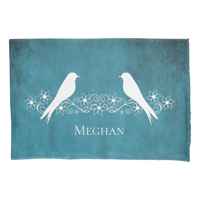 Blaue Lovebirts Blumensaft Pillowcase Kissenbezug (Vorderseite)