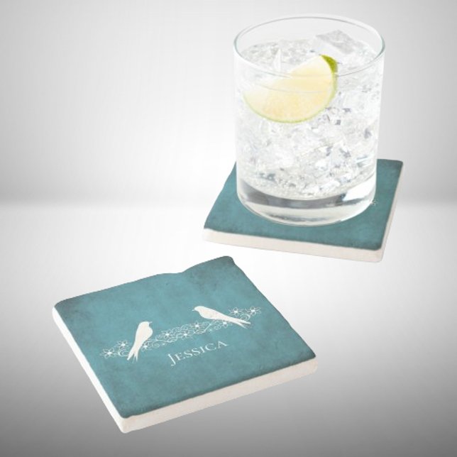 Blaue Lovebirts Blumenstrauß-Untersetzer Steinuntersetzer (Blue Lovebirds Floral Vine Stone Coaster)