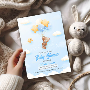 blaue Luftballons, Teddybär-Junge-Baby-Party Einladung