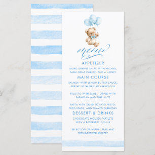 Blaue Luftballons Teddybär Junge Baby Shower Menükarte