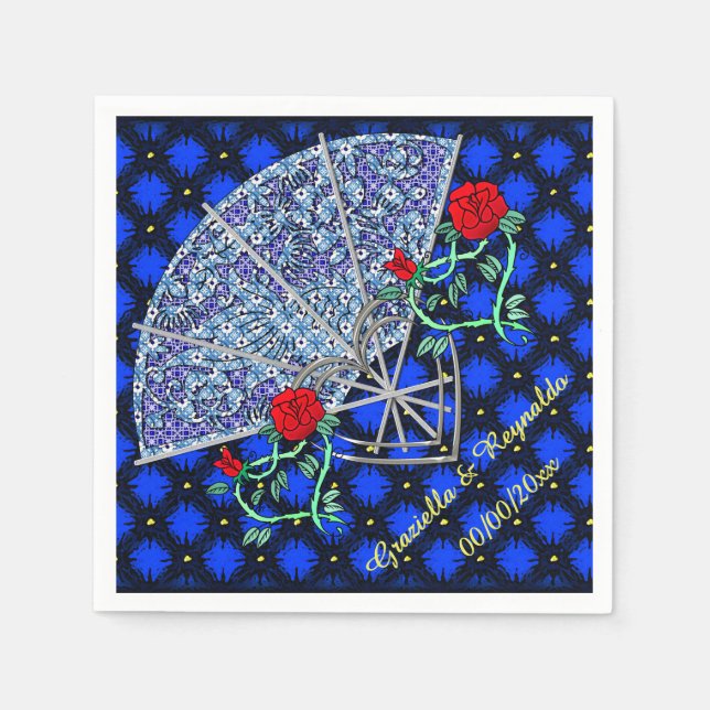 Blaue Lüfter, Silberherz und Rote Rosen personalis Serviette (Vorderseite)