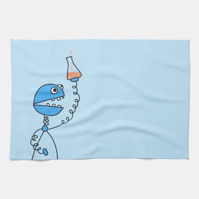 Blaue lustige Cartoon-Roboter-Chemie Geschirrtuch (Horizontal)