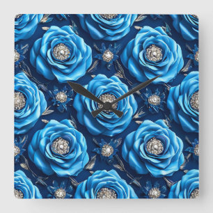 Blaue Luxus-Rosen-Dekoration Modern Quadratische Wanduhr