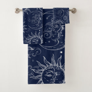 Blaue Magie Vintage Himmelsz Sonne Mond Sterne Badhandtuch Set