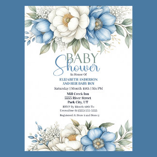 Blaue Magnolie und Pfingstrosen-Blumenjunge-Baby-P Einladung