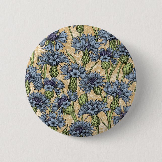 Blaue Maisblumen, wilde Blume auf Honiggelb Button (Vorderseite)