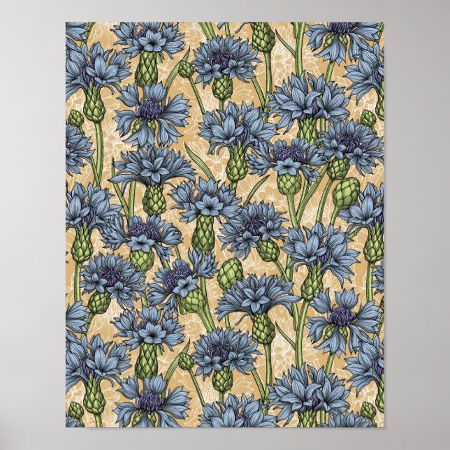 Blaue Maisblumen, wilde Blume auf Honiggelb Poster (Vorne)