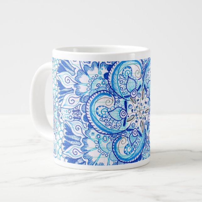 blaue Mandalaentwurfs-Tasse Jumbo-Tasse (Vorderseite Links)