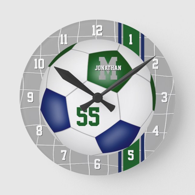 Blaue Mannschaftsfarben Varianzstreifen Fußball Runde Wanduhr (Vorderseite)