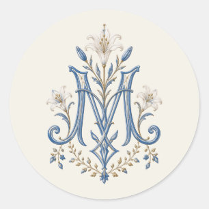 Blaue Marianische Monogramm-Katholische Lilien Runder Aufkleber