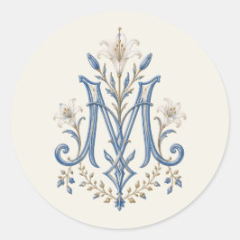 Blaue Marianische Monogramm-Katholische Lilien Runder Aufkleber