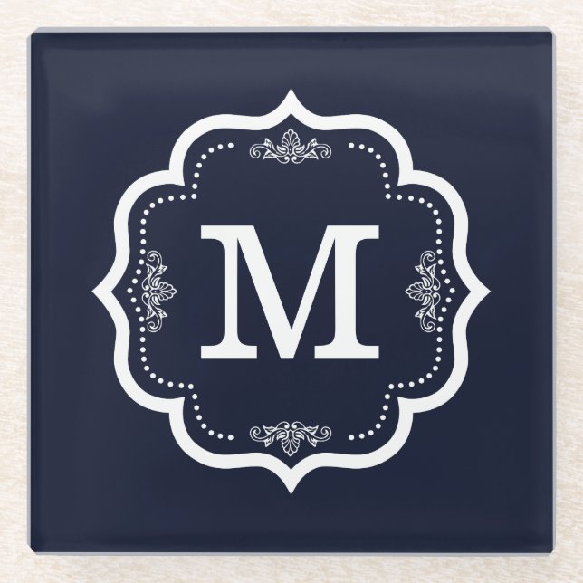 Blaue Marine-Monogramm Glasuntersetzer (Vorderseite)