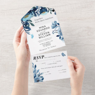 Blaue marineblaue Aquarell-Blumenhochzeit All In One Einladung