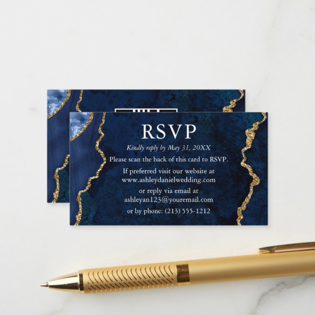 Blaue Marmorplatte HochzeitsrSVP QR Zurück Begleitkarte (Vorderseite/Rückseite Beispiel)