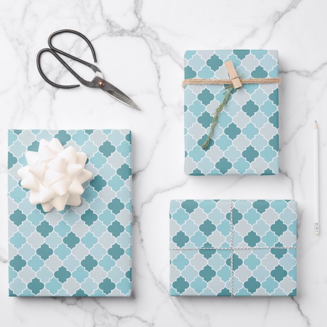 Blaue marokkanische Trellis, Latticework, Quatrefo Geschenkpapier Set (Vorderseite)